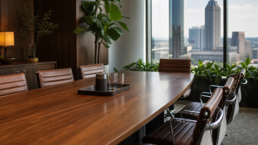 Editorial photograph of a calm modern law office conference room in an Atlanta tower with warm walnut table, green plants and soft daylight through tall windows