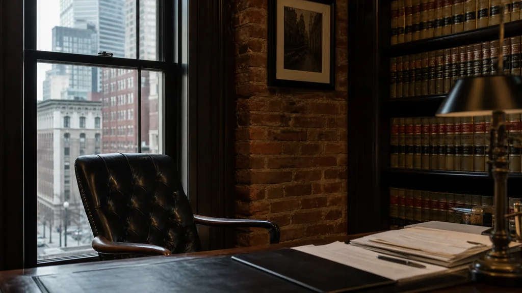 Editorial photograph of a quiet historic Boston law office interior with brick wall, dark bookshelves, leather chair and cool daylight through a tall window
