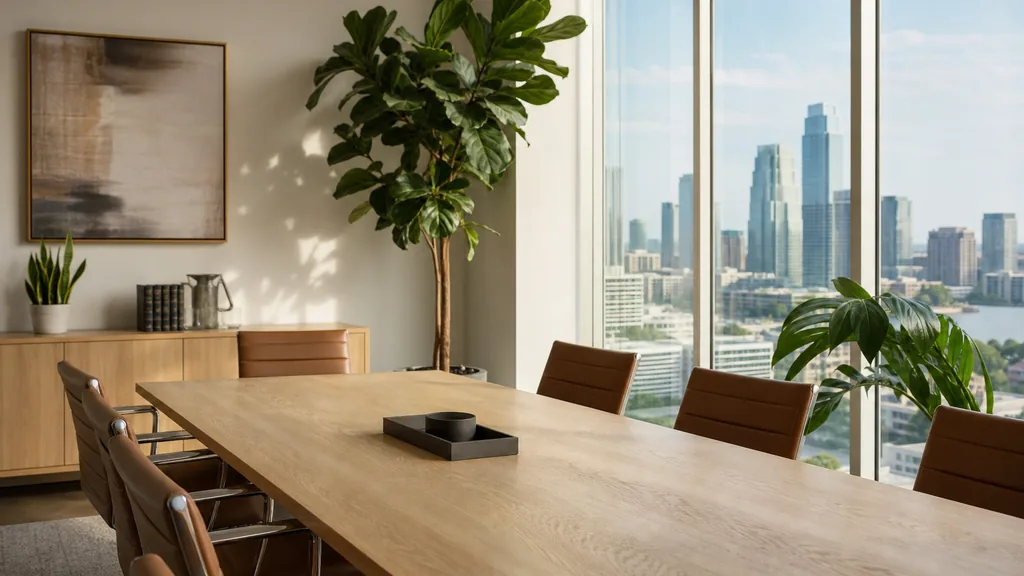 Editorial photograph of a bright modern Austin law office meeting room with pale oak table, warm daylight and green plants