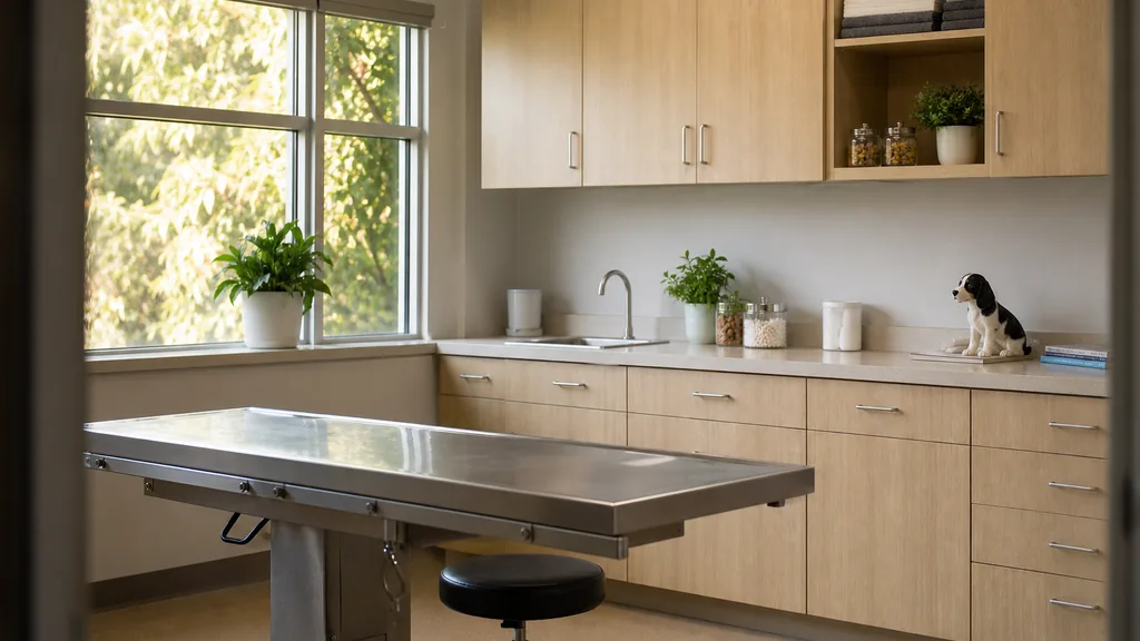 Editorial photograph of a calm modern veterinary examination room with pale wood cabinetry, a stainless exam table and warm afternoon light through wide windows