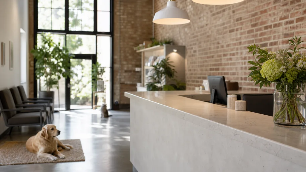 Editorial photograph of a modern veterinary clinic reception inside a converted brick building with a pale counter, soft lamps and daylight through tall windows