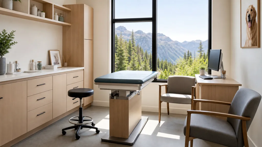 Editorial photograph of a bright contemporary animal hospital consultation room with light timber, matte white walls and crisp daylight