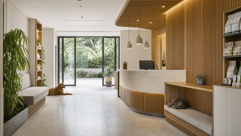 Editorial photograph of a spacious modern veterinary clinic interior with pale stone floors, warm wood slat walls and bright daylight through wide glass doors