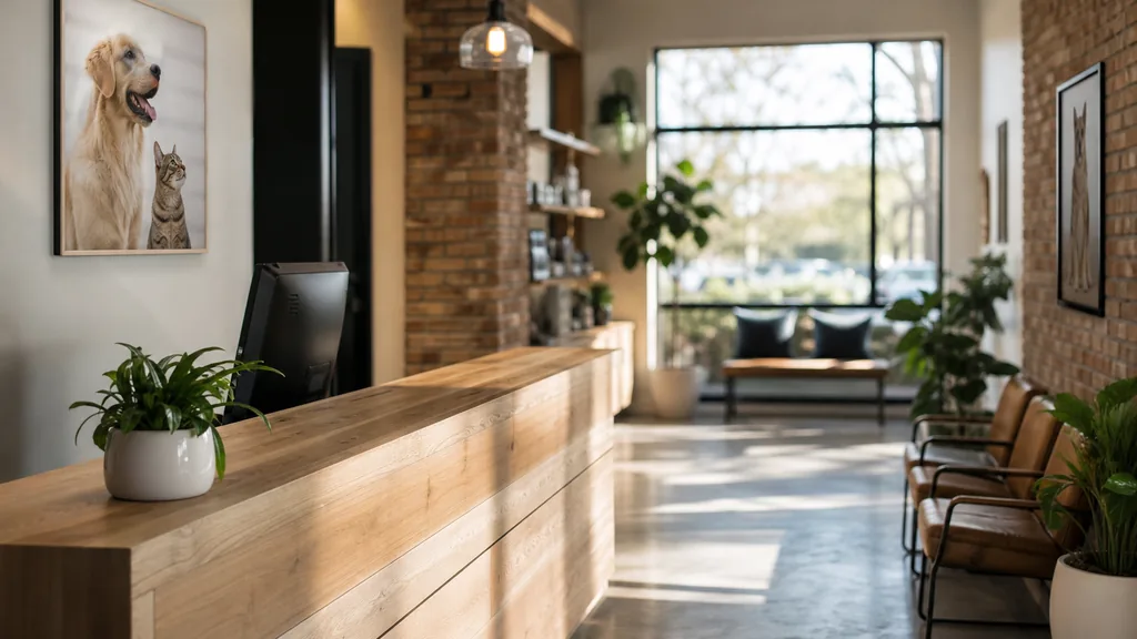 Editorial photograph of a warm modern veterinary clinic reception with brick accents, a pale timber counter and soft daylight through tall windows