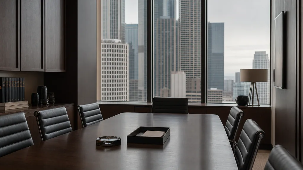 Editorial photograph of a quiet contemporary law office interior in a Chicago high-rise with a dark walnut table, leather chairs and soft grey daylight through tall windows