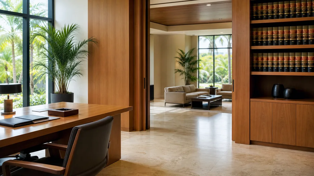Editorial photograph of a bright modern law office interior with pale stone floor, warm wood panelling, tropical greenery outside and soft Florida daylight