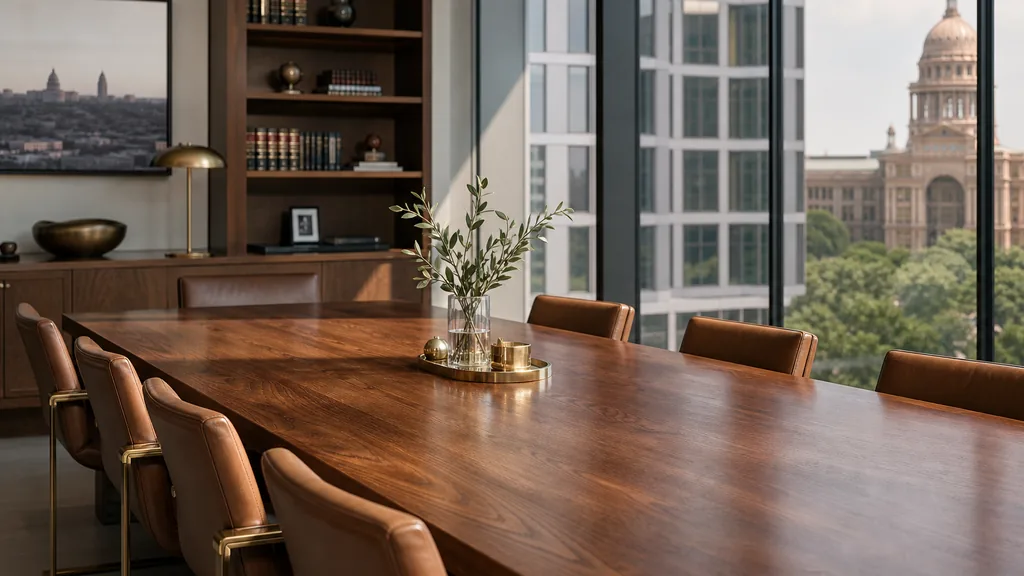 Editorial photograph of a spacious modern law office conference room with a warm oak table, brass accents and bright Texas daylight through floor-to-ceiling glass