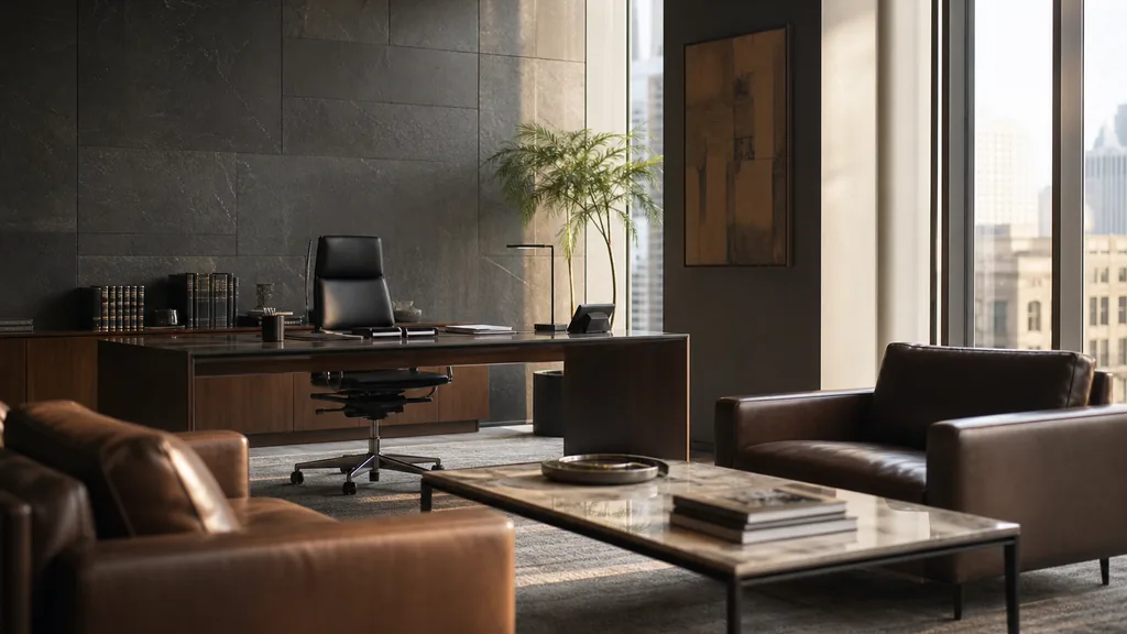 Editorial photograph of a contemporary downtown law office interior with a dark stone wall, leather seating and warm afternoon light through wide glass