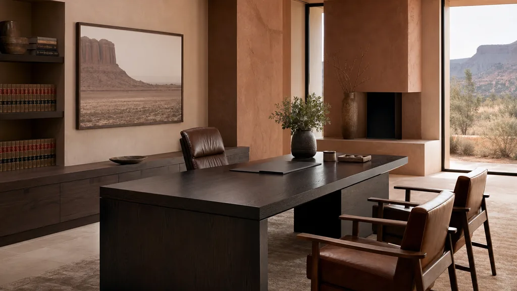 Editorial photograph of a calm modern desert-toned law office interior with sand and terracotta finishes, a dark wood desk and bright southwestern daylight