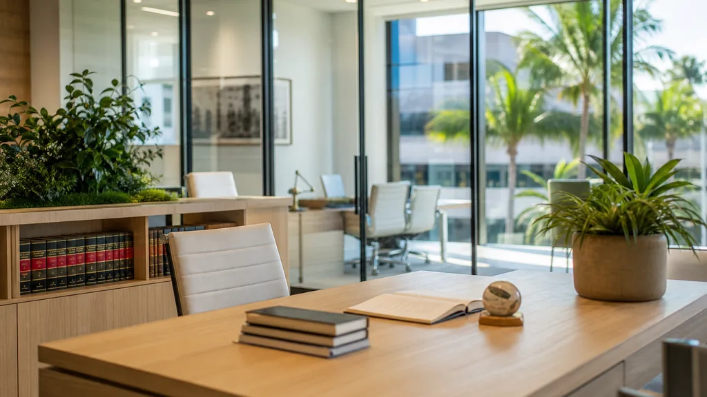 Editorial photograph of a bright contemporary law office interior with pale wood, glass partitions, green planting and soft Florida daylight