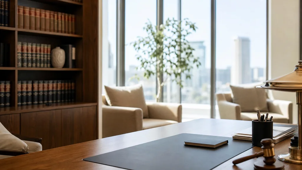 Editorial photograph of a calm modern law office interior with warm oak surfaces, soft neutral upholstery and bright Central Florida daylight through tall windows