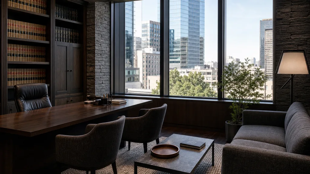 Editorial photograph of a quiet modern law office interior with dark timber, stone surfaces, wool seating and clear high altitude daylight through wide windows