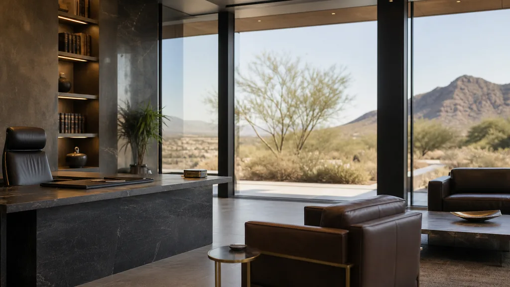 Editorial photograph of a sleek modern law office interior with dark stone, warm brass detailing, leather seating and bright desert daylight through wide glass