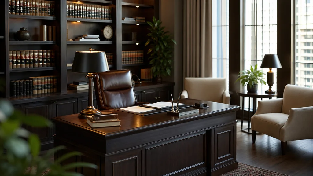 Editorial photograph of a refined modern law office interior with dark wood shelving, warm lamplight, upholstered chairs and soft daylight through tall windows
