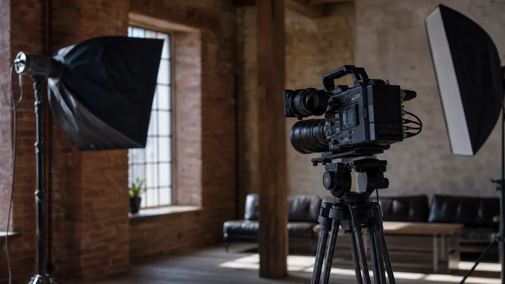 Editorial photograph of a working video production studio interior with softbox lighting, a cinema camera on a tripod and brick and timber walls