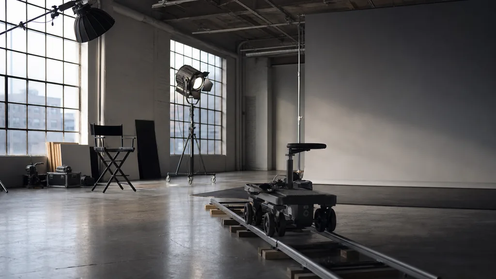 Editorial photograph of a modern film studio with a lit set, camera dolly track and grey seamless backdrop in cool daylight