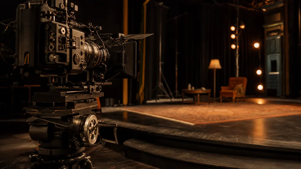Editorial photograph of a warm production stage with tungsten lighting, a camera rig and dark curtains in amber light