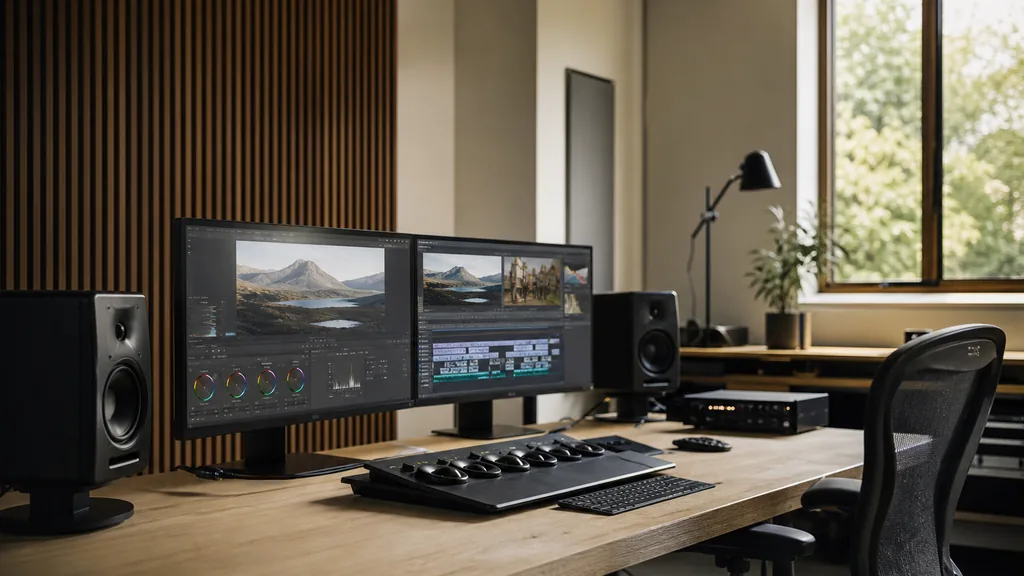 Editorial photograph of a clean editing and colour grading suite with wide monitors, speakers and pale wood surfaces