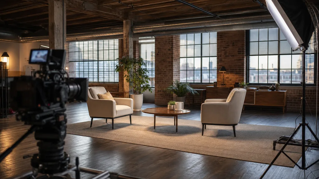 Editorial photograph of an industrial loft video studio with exposed beams, a lit interview set with two chairs and large windows