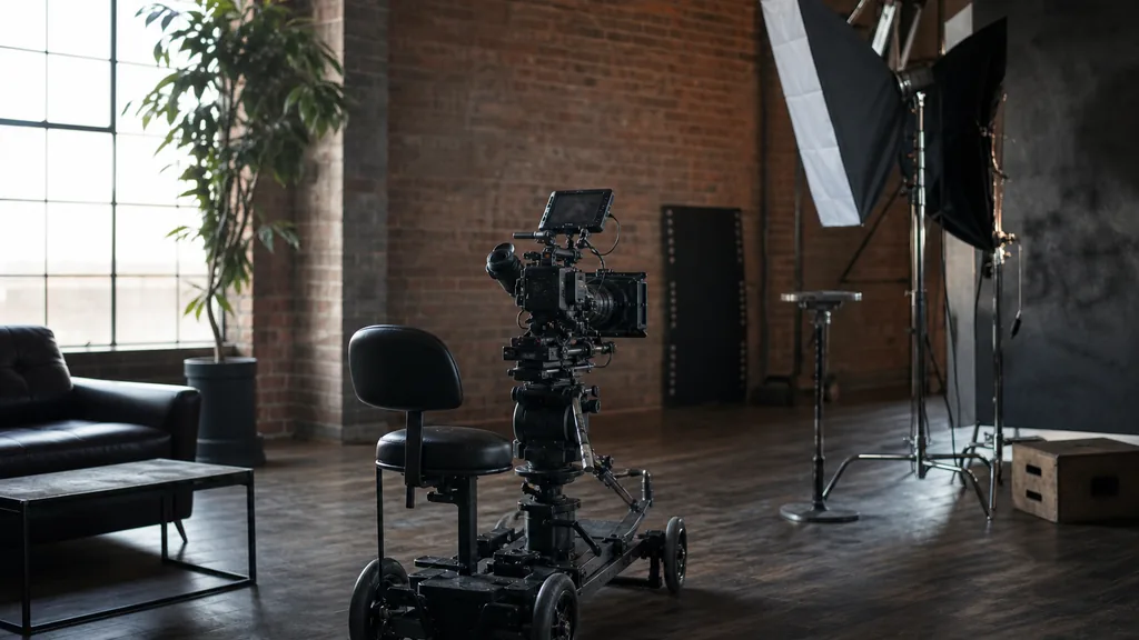 Editorial photograph of a video production studio interior with cinema camera, lighting stands and exposed brick walls