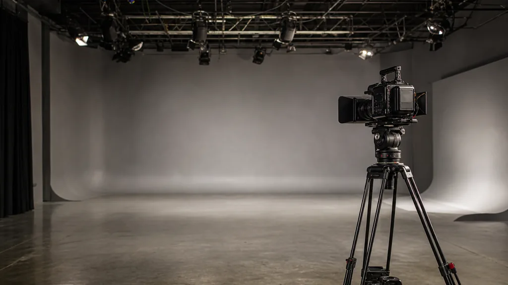 Editorial photograph of an industrial video studio with a lit interview set, two chairs and dark grey walls