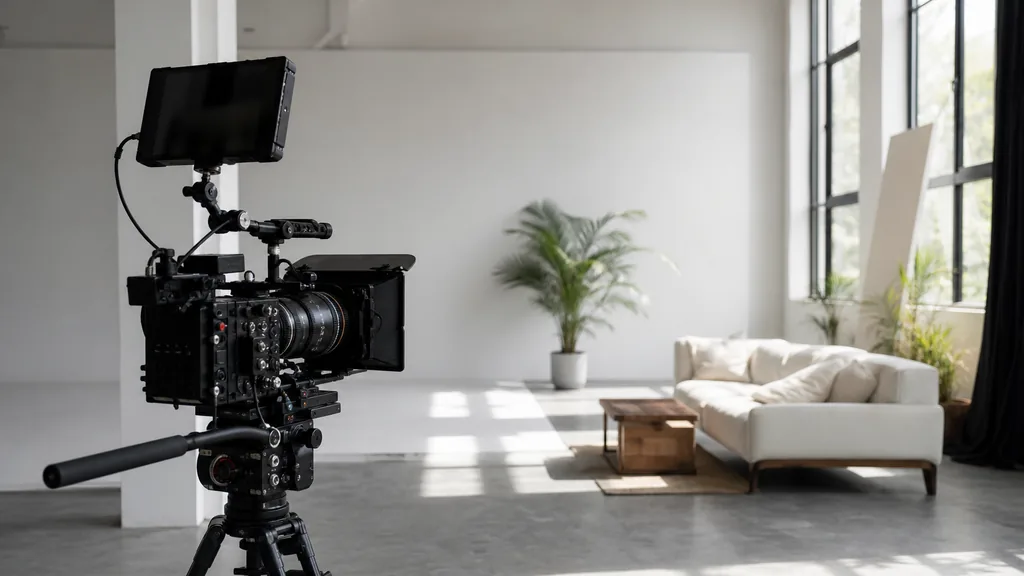 Editorial photograph of a sunlit production studio with a camera rig, light stands and white walls
