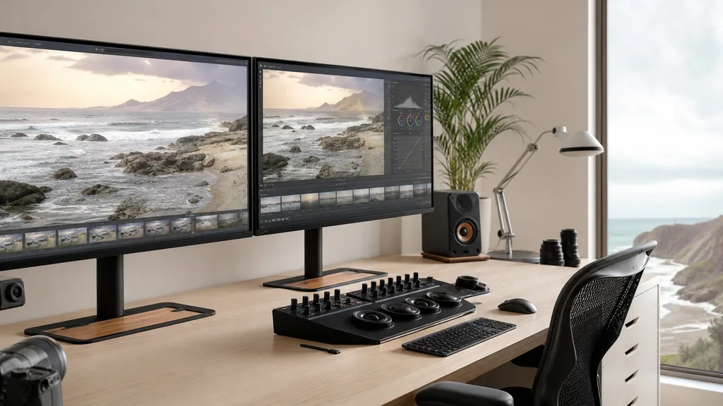 Editorial photograph of a coastal video production studio with camera equipment, light stands and large windows