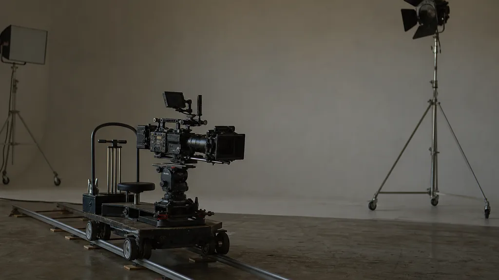 Editorial photograph of a video production stage with a cinema camera on a dolly, lighting stands and a bare cyclorama wall, shallow depth of field, no people, no text, no signage, no landmarks, no skyline