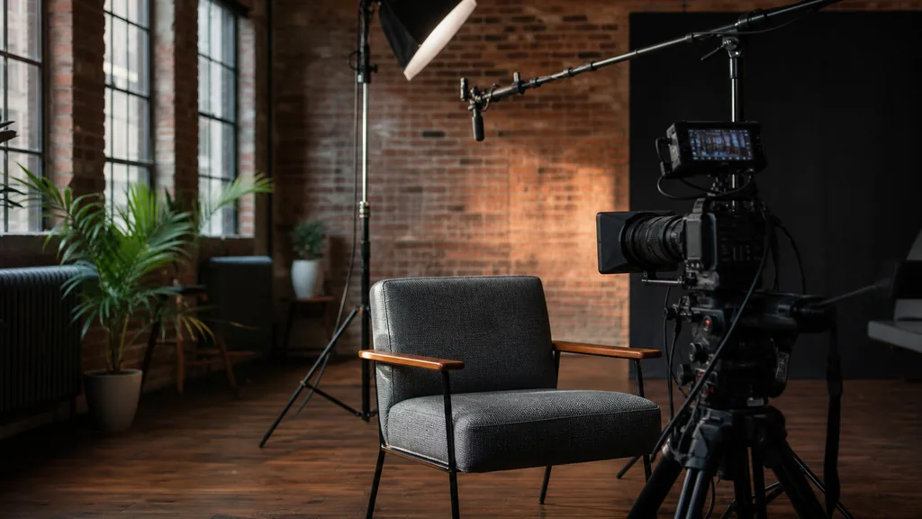 Editorial photograph of a loft video production studio with exposed brick, a lit interview chair and a camera on sticks, shallow depth of field, no people, no text, no signage, no landmarks, no skyline