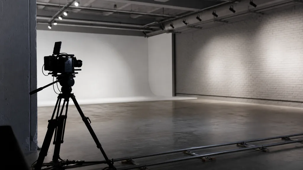 Editorial photograph of a converted warehouse film studio with track lighting, a camera rig and grey brick walls, shallow depth of field, no people, no text, no signage, no landmarks, no skyline
