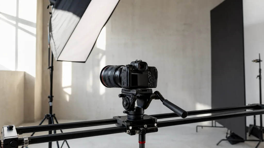 Editorial photograph of a bright production studio with a camera on a slider, softbox lighting and pale concrete walls, shallow depth of field, no people, no text, no signage, no landmarks, no skyline