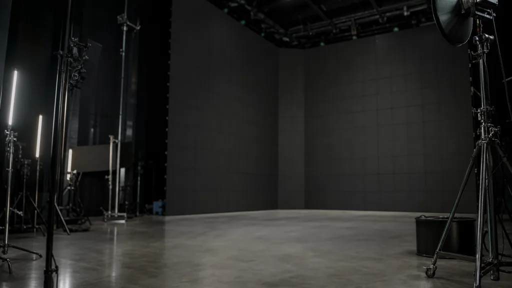 Editorial photograph of a modern film studio interior with an LED volume wall switched off, light stands and dark grey floor, shallow depth of field, no people, no text, no signage, no landmarks, no skyline