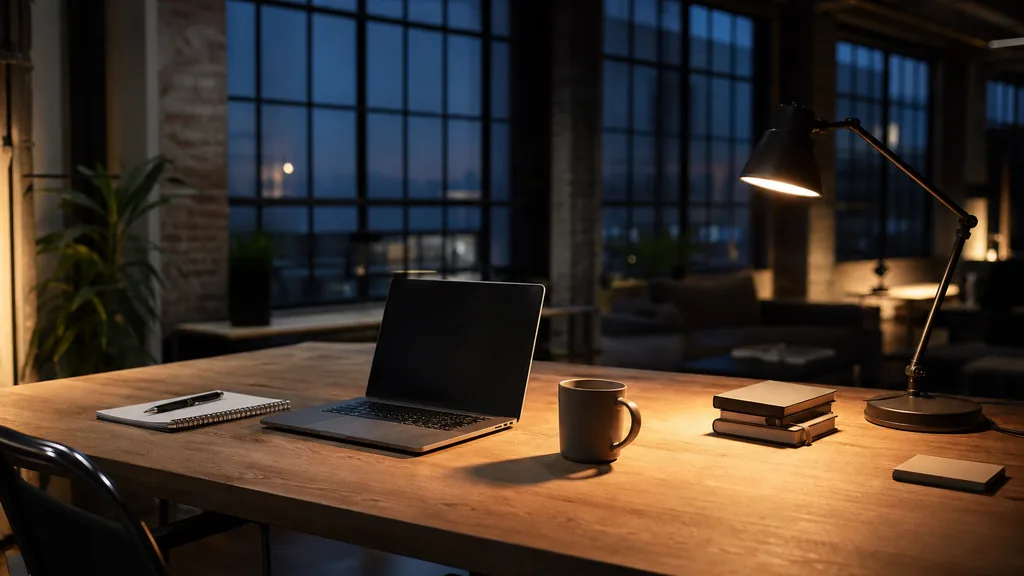 Editorial photograph of a quiet loft marketing studio at dusk with a laptop, notebooks and a warm desk lamp