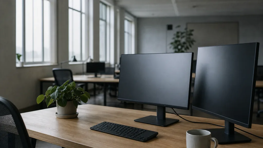 Editorial photograph of a calm open-plan agency workspace in early morning light with monitors, a keyboard and a plant