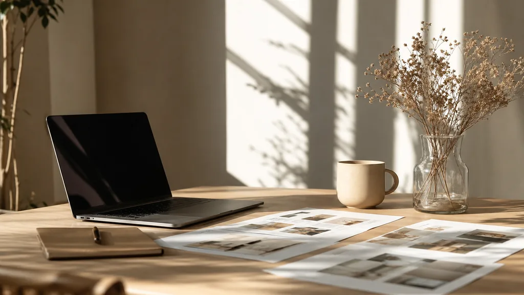 Editorial photograph of a bright sunlit studio desk with a laptop, printed layout sheets and a ceramic mug
