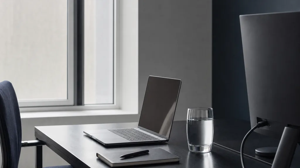 Editorial photograph of a tidy modern office desk with a laptop, a notebook and cool north light through a tall window