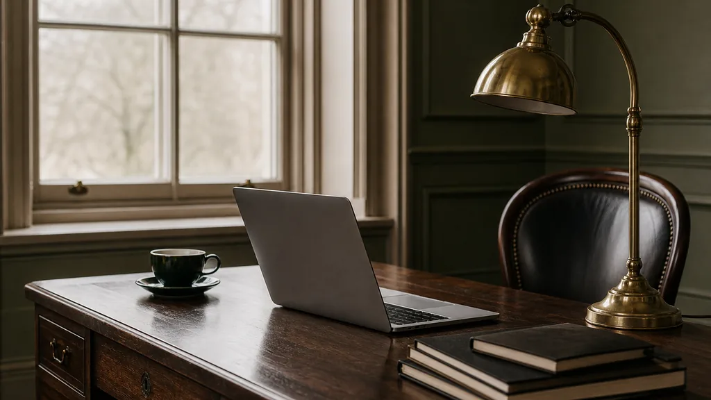 Editorial photograph of a warm period-building office interior with a laptop on a dark wood desk, notebooks and a brass lamp