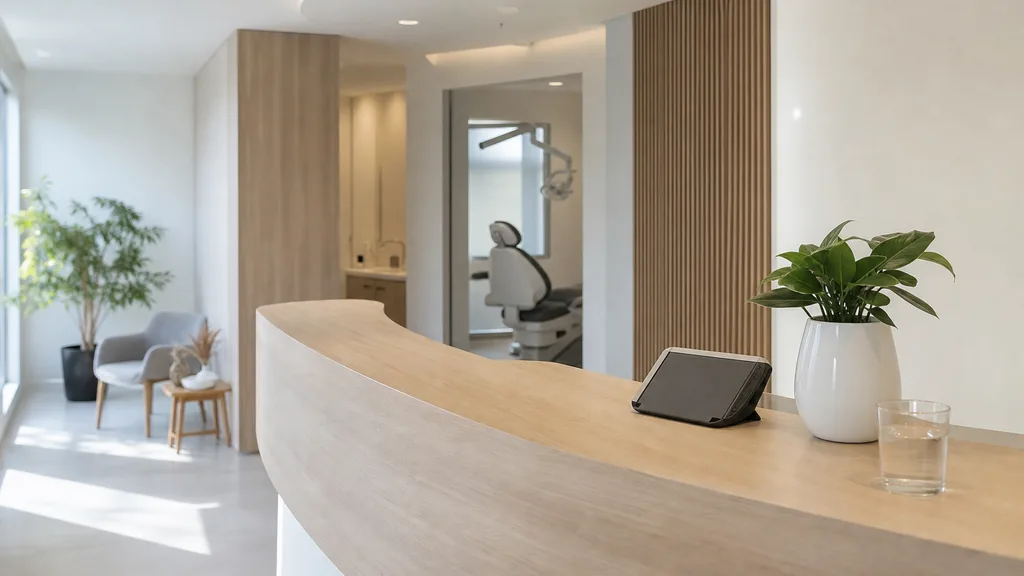 Editorial photograph of a calm dental clinic reception desk in the early morning with pale wood, a tablet and a small plant