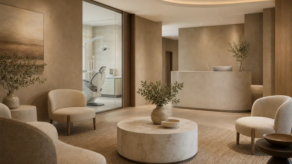 Editorial photograph of a bright contemporary dental clinic waiting area with warm sand-toned walls and low seating
