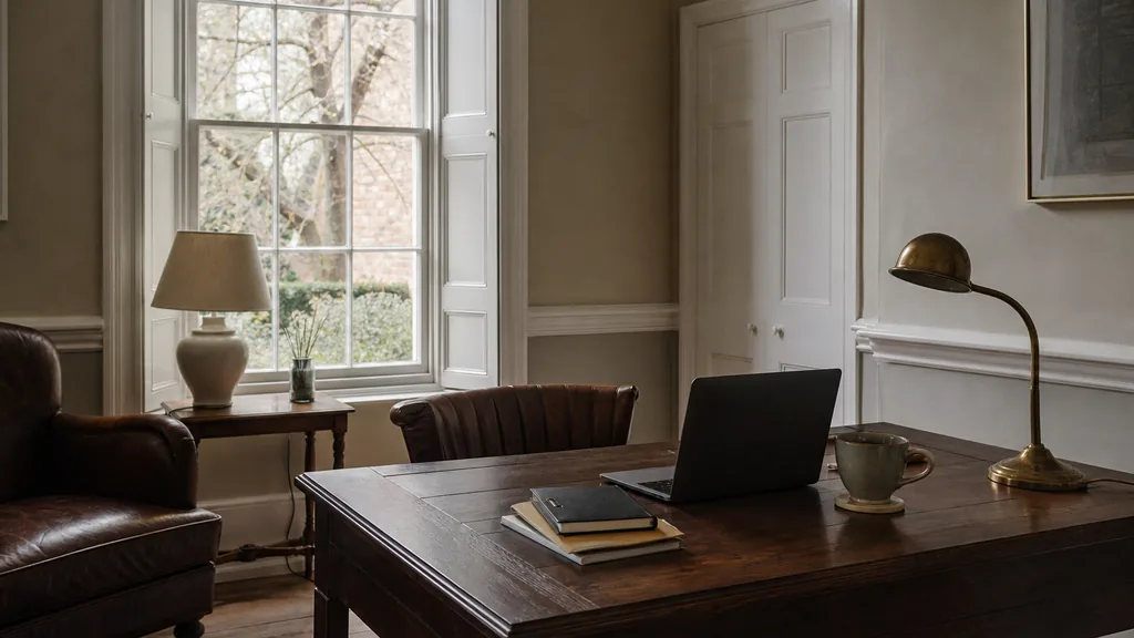 Editorial photograph of a small Georgian-style clinic office with a laptop on a dark wood desk and a brass lamp