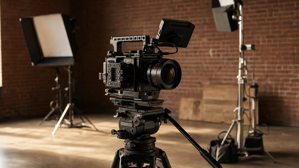 Editorial photograph of a professional cinema camera on a tripod in an empty brick-walled production studio with softboxes behind