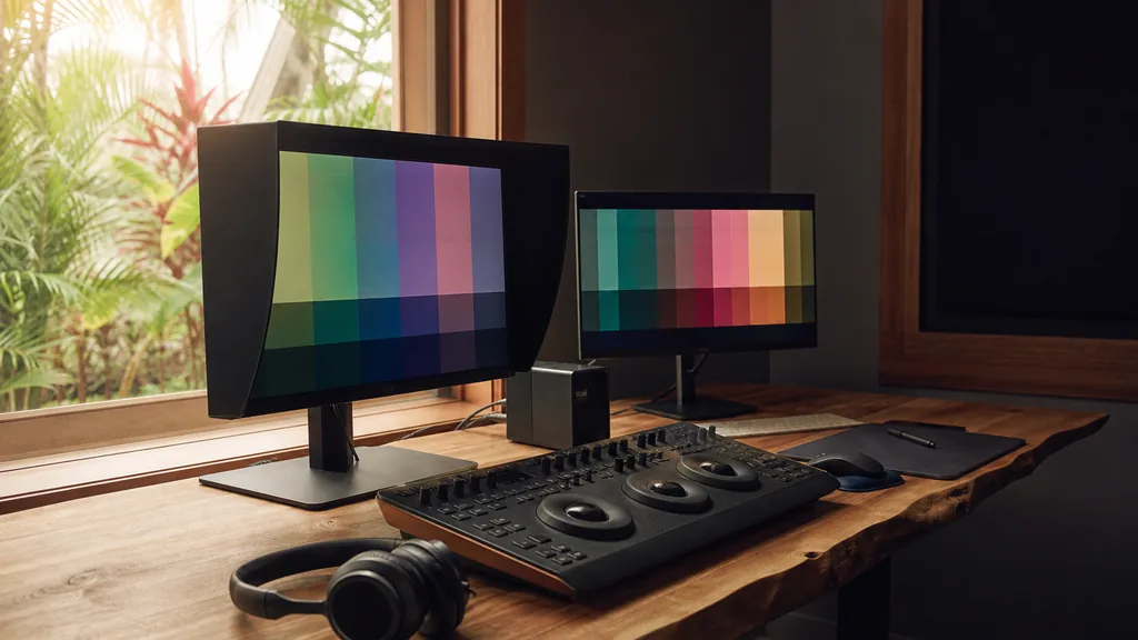 Editorial photograph of a video edit suite with two monitors, a control surface and headphones on a wooden desk in warm daylight