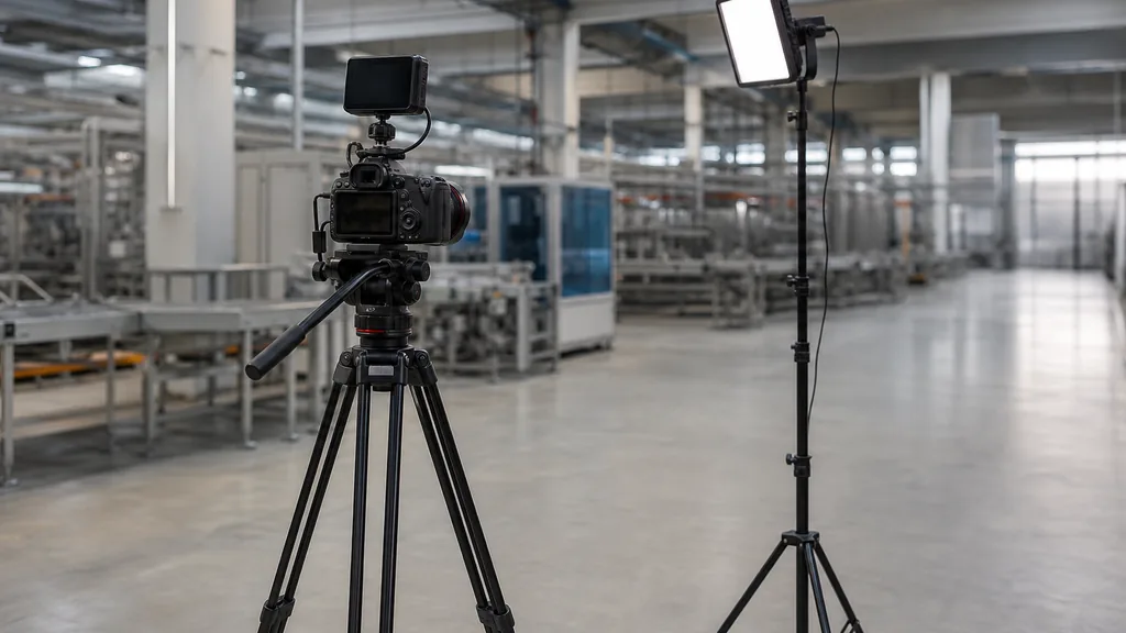 Editorial photograph of a camera rig and light stand set up on a clean factory floor with machinery blurred behind
