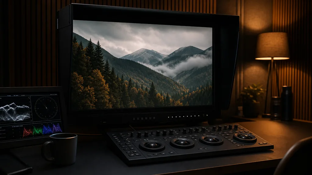 Editorial photograph of a colour grading suite with a large calibrated monitor, a grading panel and a mug on a dark desk