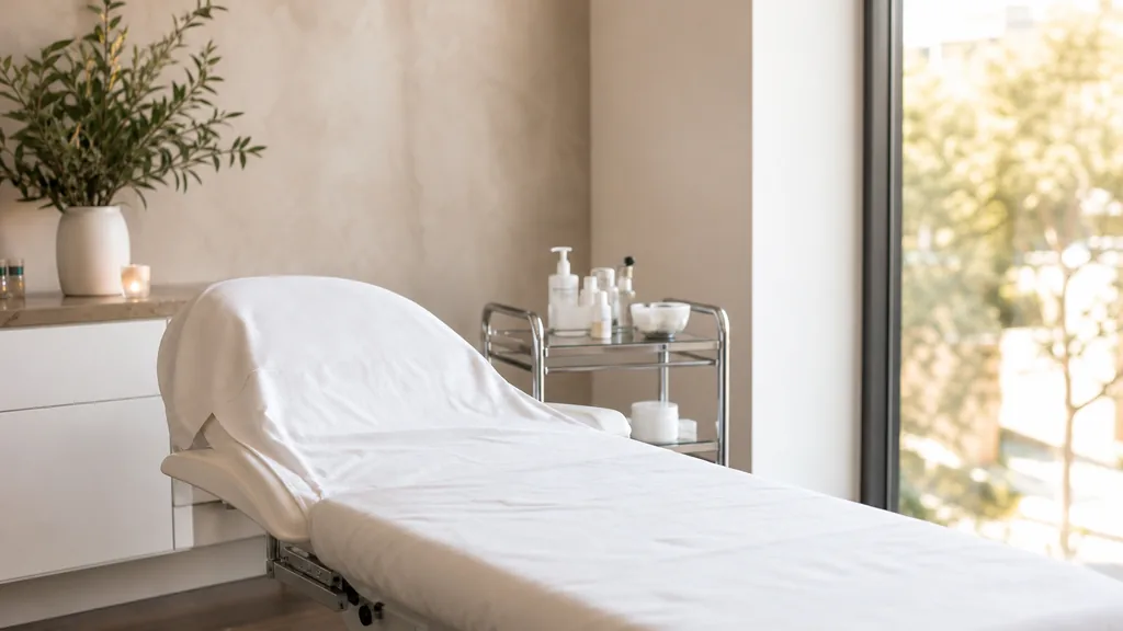 Editorial photograph of an empty modern medical spa treatment room in Austin with a white treatment bed, a small stainless trolley and warm afternoon light through a tall window, no people, no text, no signage