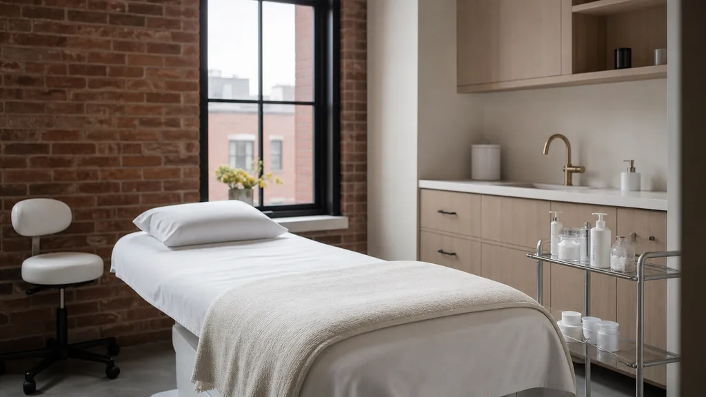 Editorial photograph of an empty modern medical spa treatment room in a Boston brick building with a white treatment bed, a small stainless trolley and soft northern daylight through a tall window, no people, no text, no signage