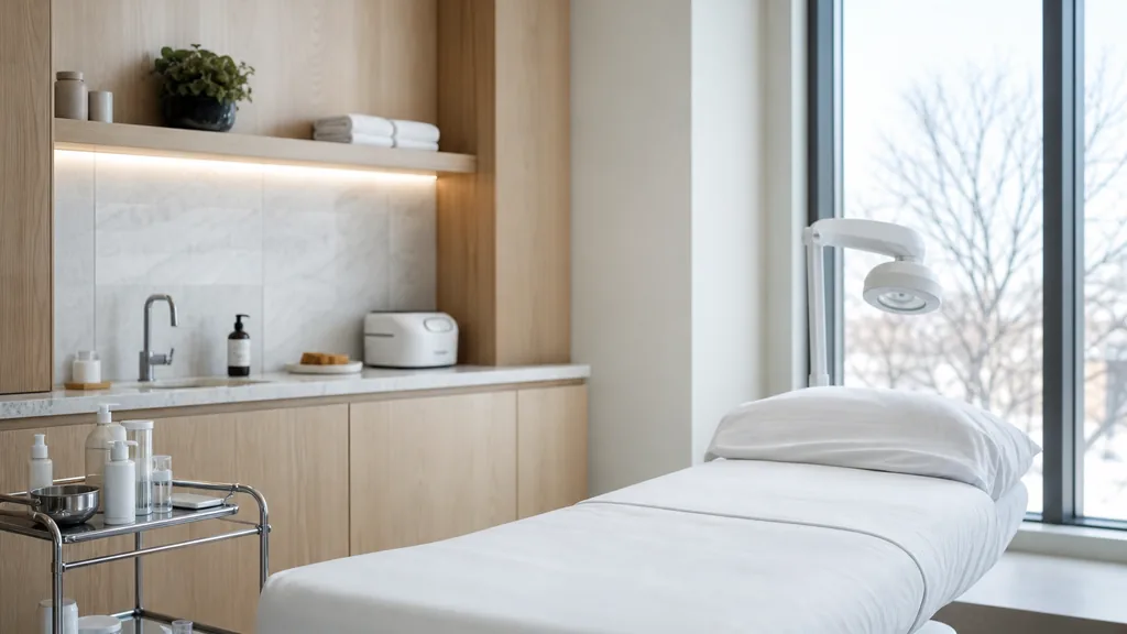 Editorial photograph of an empty modern medical spa treatment room in Calgary with pale wood cabinetry, a white treatment bed, a small stainless trolley and clear winter daylight through a tall window, no people, no text, no signage