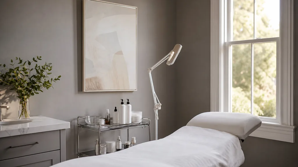 Editorial photograph of an empty modern medical spa treatment room in Charlotte with soft grey walls, a white treatment bed, a small stainless trolley and warm afternoon light through a tall window, no people, no text, no signage