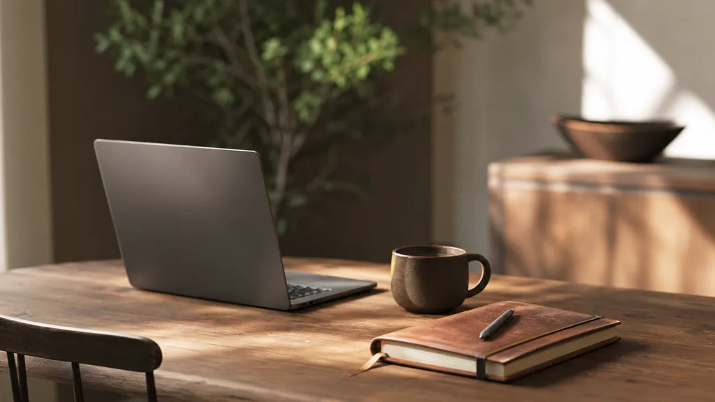 Editorial photograph of a calm agency desk in warm morning light with a laptop, a notebook and a coffee cup