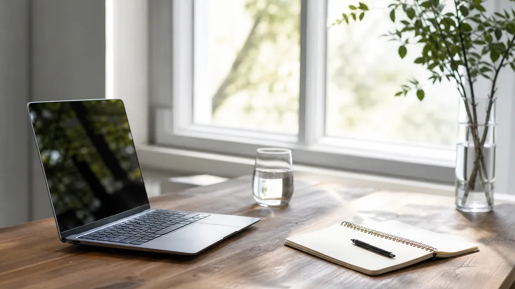 Editorial photograph of a light-filled studio desk with a laptop, a notepad and a glass of water beside a window